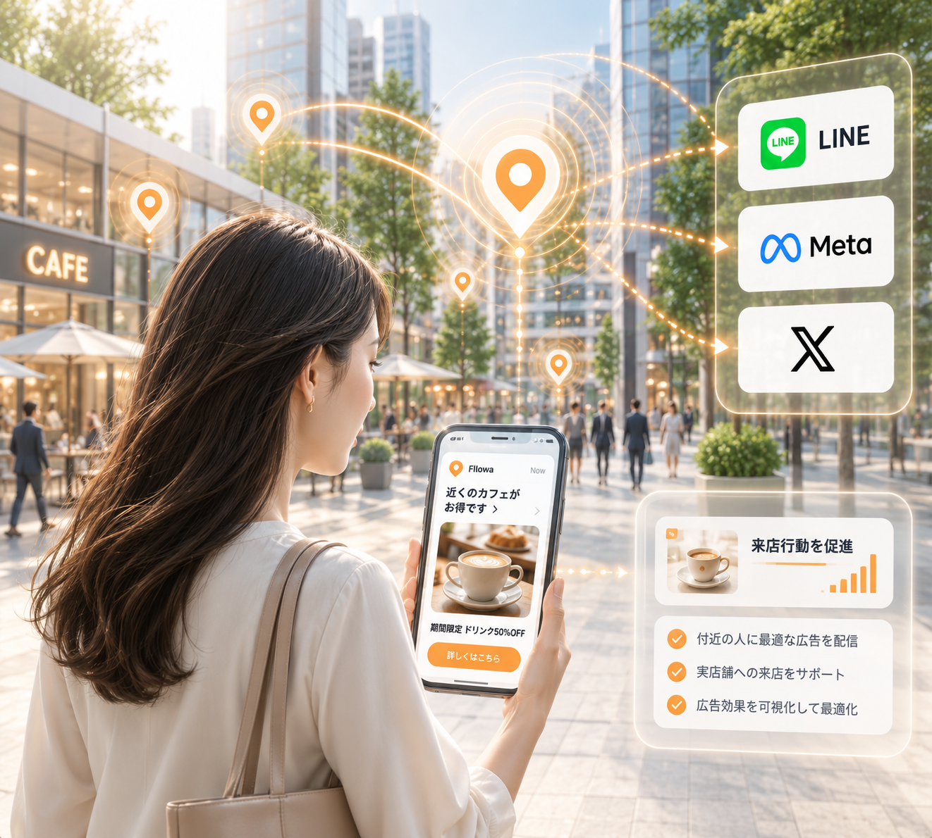 街を歩く人のスマホへ、位置情報から最適な広告を届けるFllowa。LINE・Meta・Xへ配信し、来店行動を促進する様子